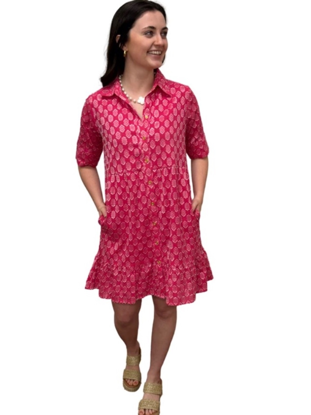 LIZA BYRD Reagan Dress in Pink and White Cotton Jacquard, NWT